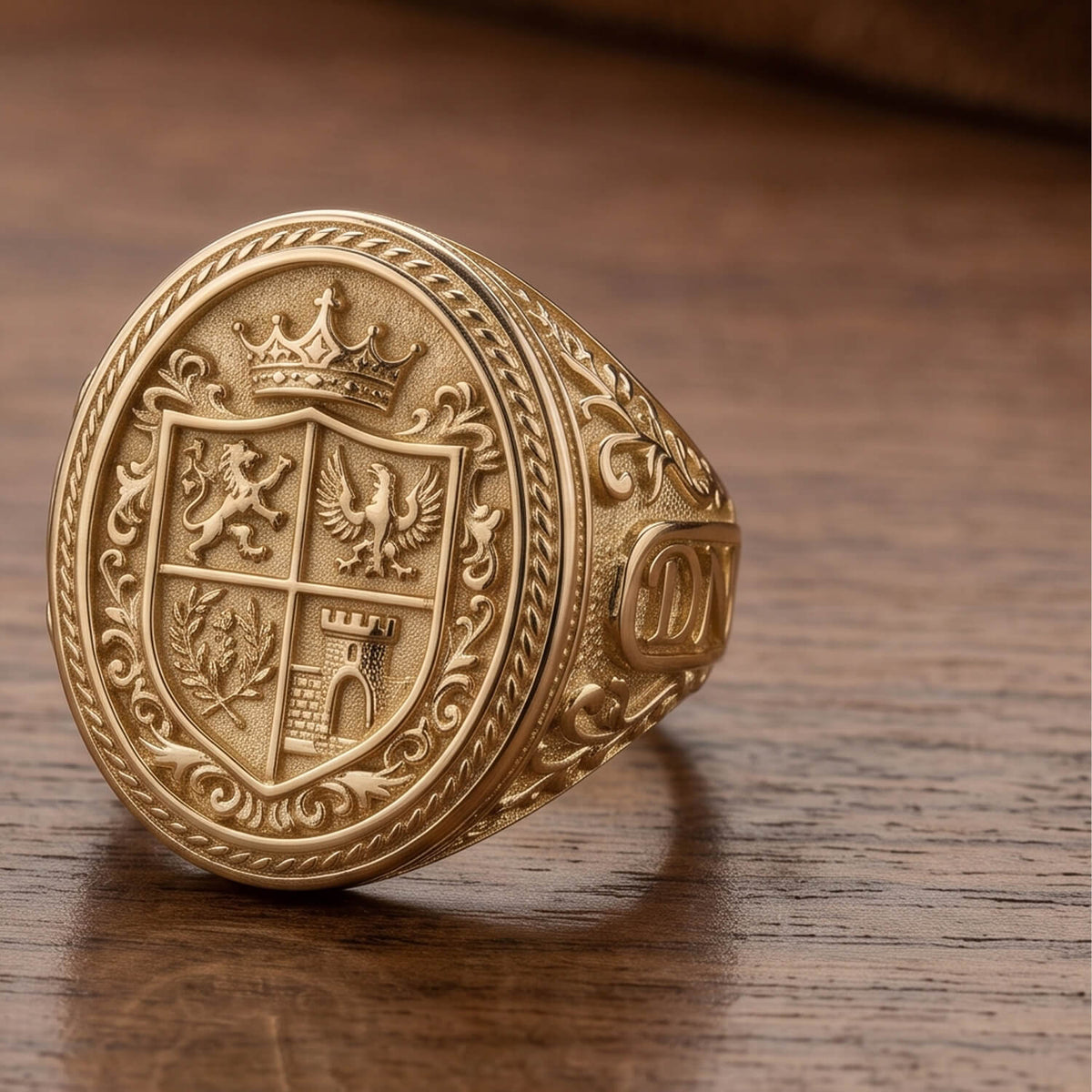 A close-up of an oval gold signet ring with a CAD designed heraldic crest and crown, resting on a polished wooden surface.