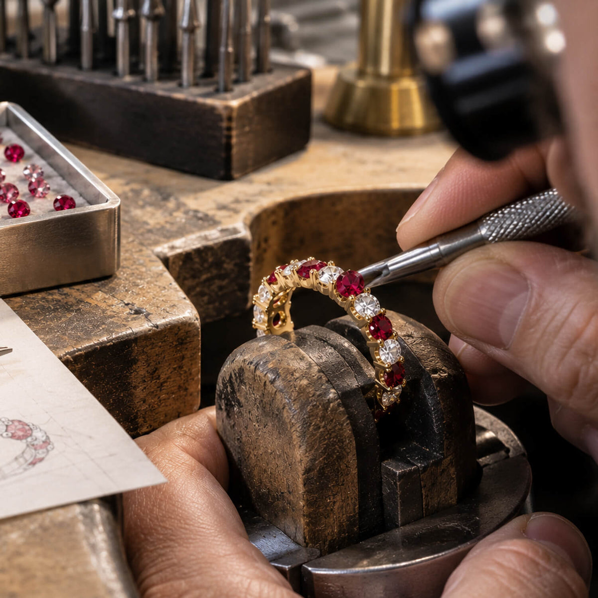 A close-up of a jeweler's hands using a precision tool to set a gold ring with red and clear stones into a wooden ring press. The background shows a workshop with gemstone tools and a tray of loose red gemstones.