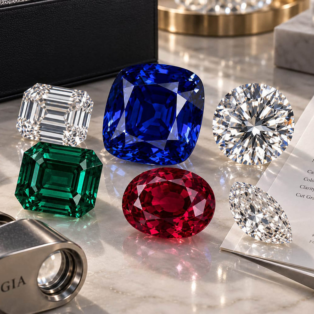 A set of loose gemstones displayed on a polished marble surface, including a large cushion-cut royal blue diamond, a round brilliant-cut clear diamond, a emerald-cut green diamond, an oval red diamond, and smaller clear diamonds, with a black jewelry box and a GIA stamp visible.