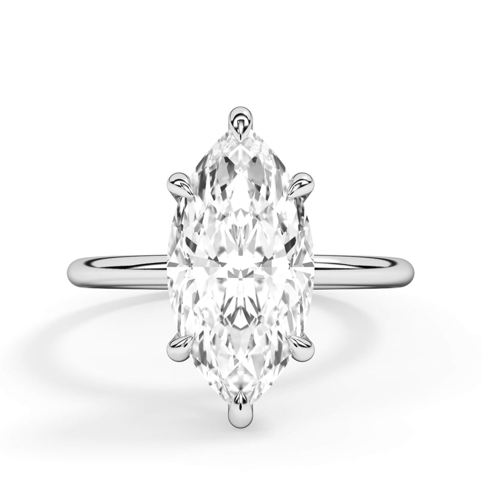 Classic Solitaire Style Engagement Ring with Diamond Basket (SKU: HE100816) Shown with Marquise Shape Diamond in White Gold or Platinum - Front View