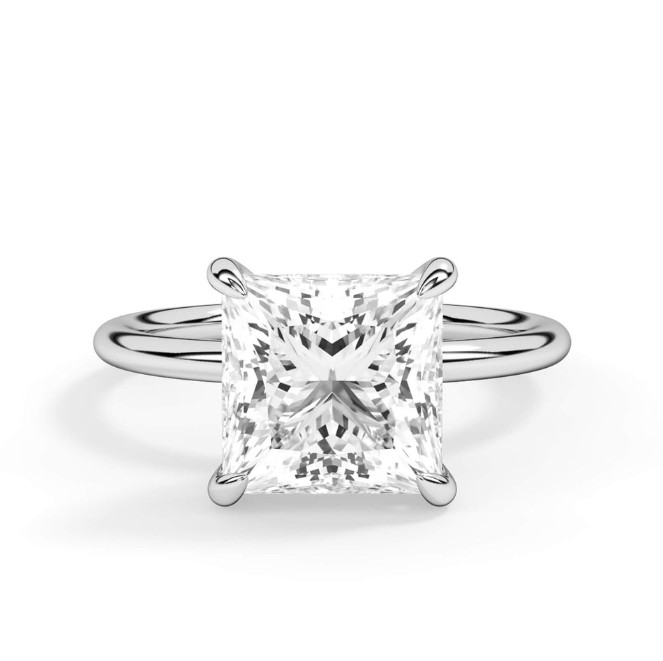 Classic Solitaire Style Engagement Ring with Diamond Basket (SKU: HE100816) Shown with Princess Shape Diamond in White Gold or Platinum - Front View