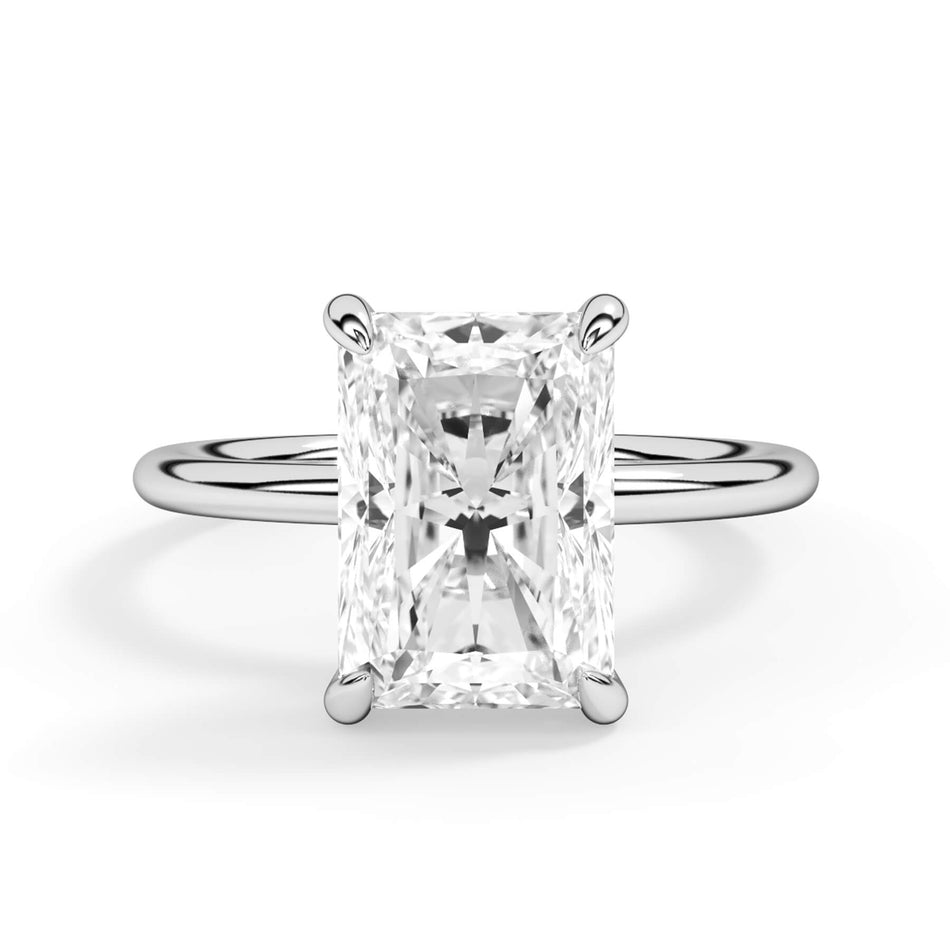 Classic Solitaire Style Engagement Ring with Diamond Basket (SKU: HE100816) Shown with Radiant Shape Diamond in White Gold or Platinum - Front View