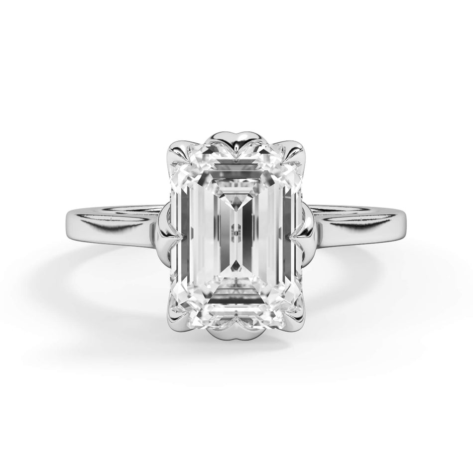 Lattice Style Petal Solitaire Engagement Ring Setting (SKU: HE101667B) Shown with Emerald Shape Diamond in White Gold or Platinum - Front View
