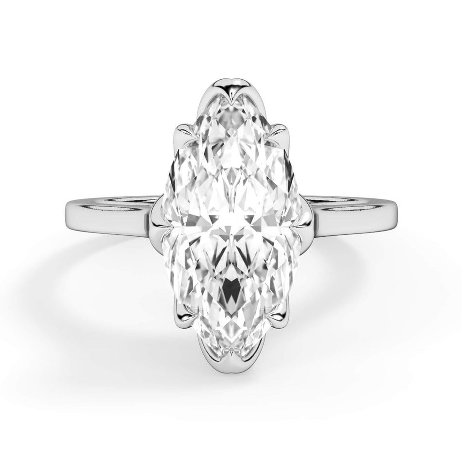 Lattice Style Petal Solitaire Engagement Ring Setting (SKU: HE101667B) Shown with Marquise Shape Diamond in White Gold or Platinum - Front View
