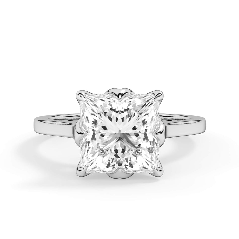 Lattice Style Petal Solitaire Engagement Ring Setting (SKU: HE101667B) Shown with Princess Shape Diamond in White Gold or Platinum - Front View