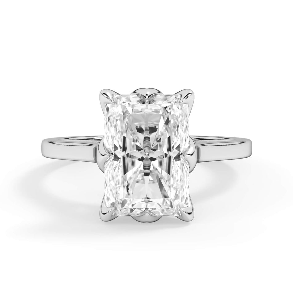 Lattice Style Petal Solitaire Engagement Ring Setting (SKU: HE101667B) Shown with Radiant Shape Diamond in White Gold or Platinum - Front View