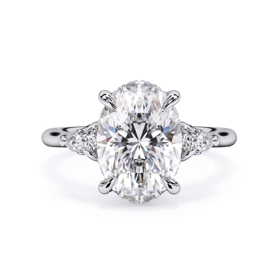 Woven Basket Three Stone Engagement Ring with Diamond Under Halo (SKU: HE-105695) Shown with Oval Shape Diamond in White Gold or Platinum - Front View