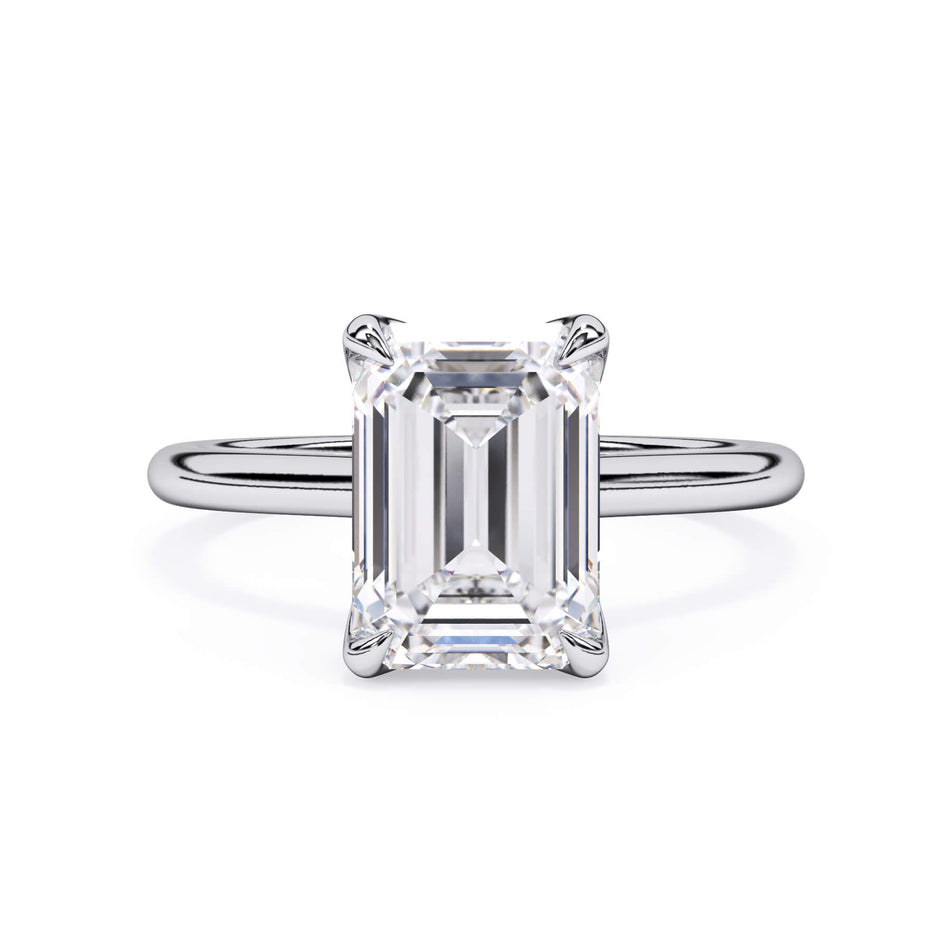 Petal Prong Solitaire Engagement Ring Setting (SKU: HE-105994) Shown with Emerald Shape Diamond in White Gold or Platinum - Front View