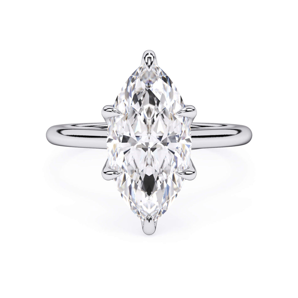 Petal Prong Solitaire Engagement Ring Setting (SKU: HE-105994) Shown with Marquise Shape Diamond in White Gold or Platinum - Front View