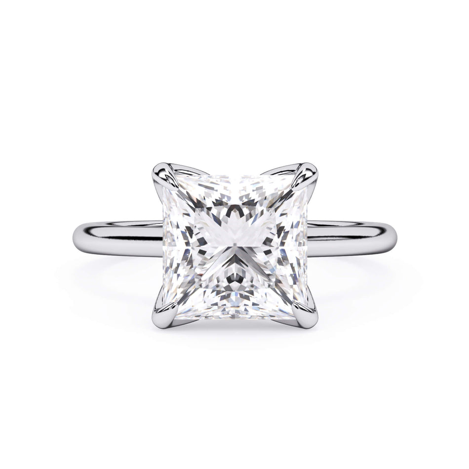 Petal Prong Solitaire Engagement Ring Setting (SKU: HE-105994) Shown with Princess Shape Diamond in White Gold or Platinum - Front View