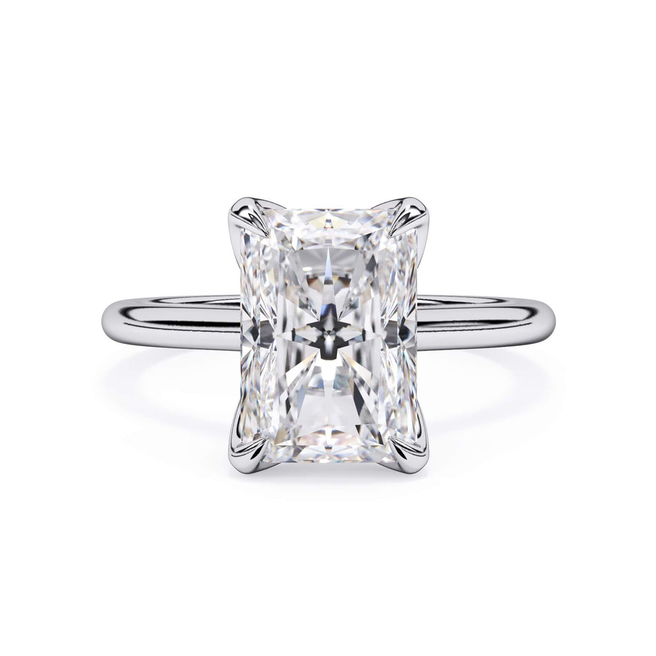 Petal Prong Solitaire Engagement Ring Setting (SKU: HE-105994) Shown with Radiant Shape Diamond in White Gold or Platinum - Front View