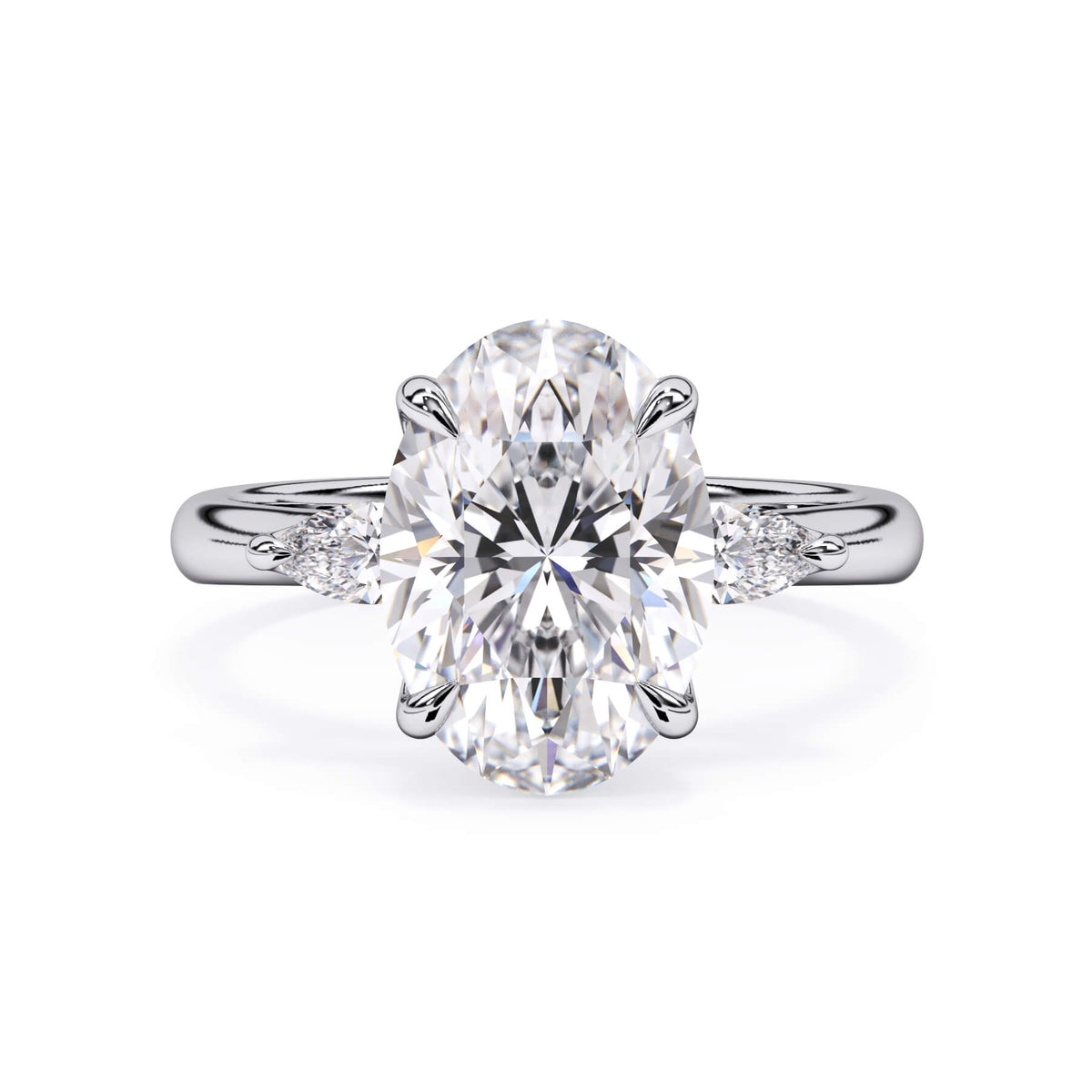 Petal Inspired Three Stone Engagement Ring Setting with Matching Pear Shape Diamonds (SKU: HE405) Shown with Oval Shape Diamond in White Gold or Platinum - Front View