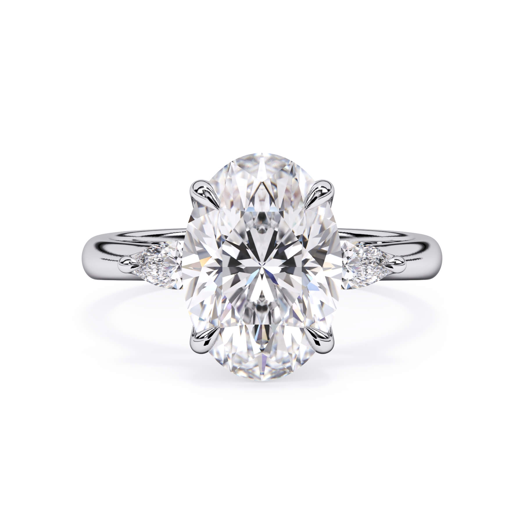 Petal Inspired Three Stone Engagement Ring Setting with Matching Pear Shape Diamonds (SKU: HE405) Shown with Oval Shape Diamond in White Gold or Platinum - Front View