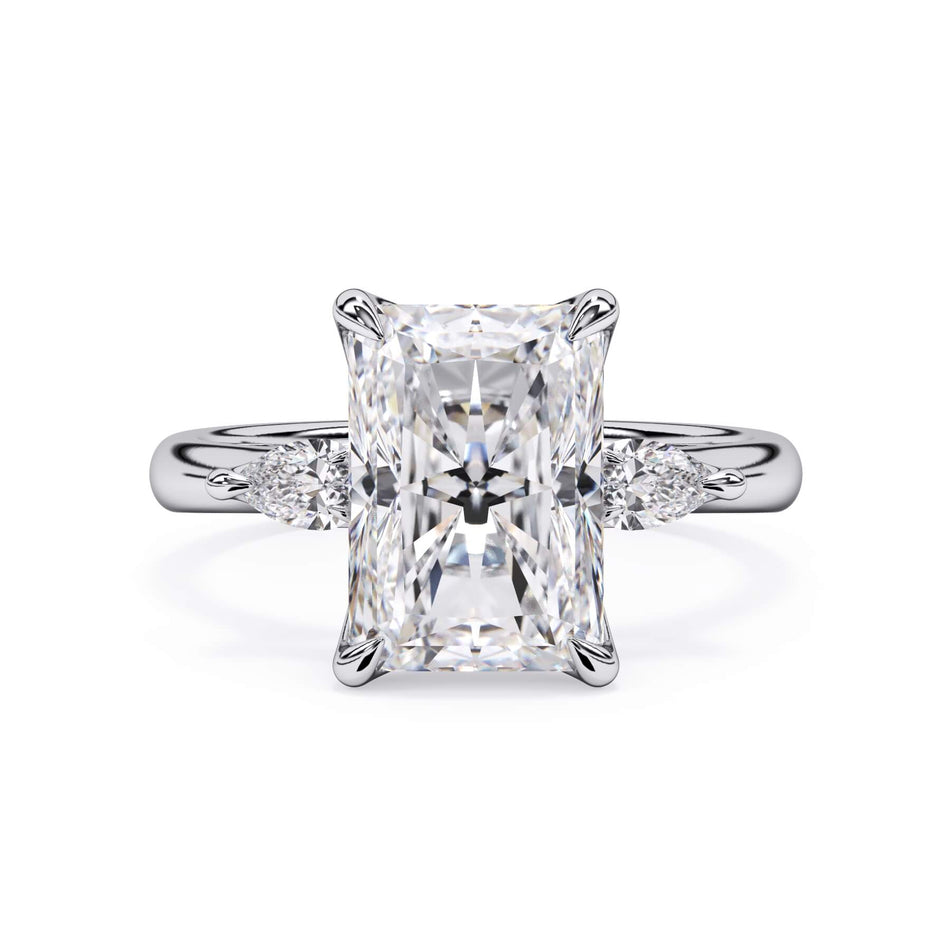 Petal Inspired Three Stone Engagement Ring Setting with Matching Pear Shape Diamonds