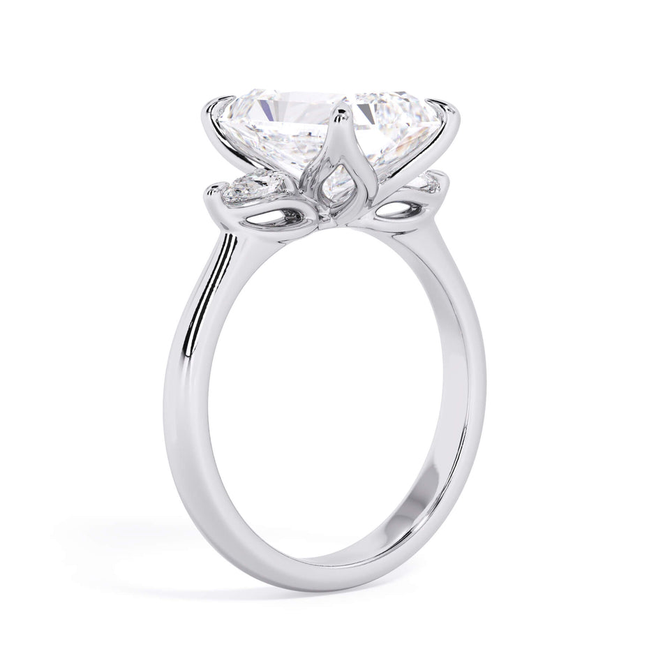 Petal Inspired Three Stone Engagement Ring Setting with Matching Pear Shape Diamonds