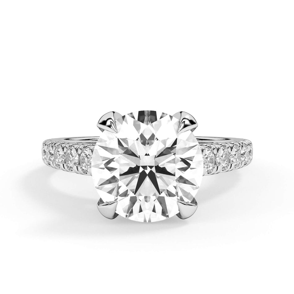 Tapered Diamond Accented Engagement Ring with Bridge - White Gold Head (SKU: HE406-WH) Shown with Round Shape Diamond in White Gold or Platinum in White Gold or Platinum - Front View