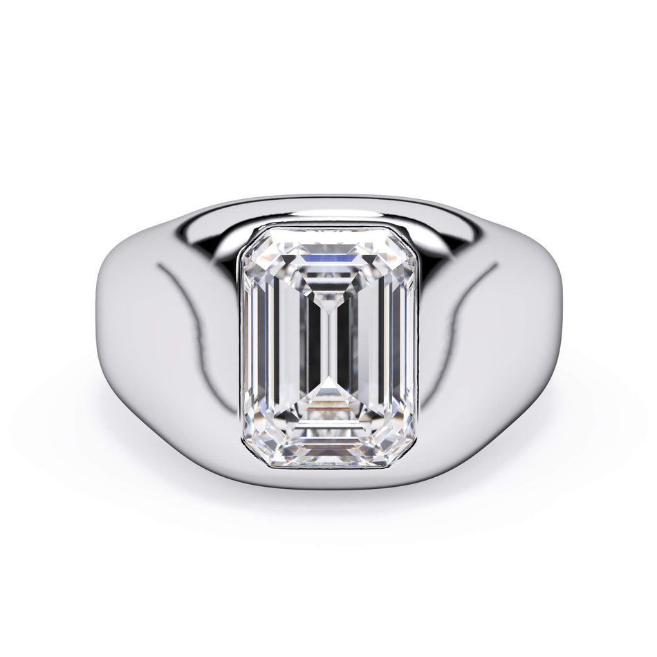 Cigar Band Style Solitaire Engagement Ring (SKU: HE507) Shown with Emerald Shape Diamond in White Gold or Platinum - Front View