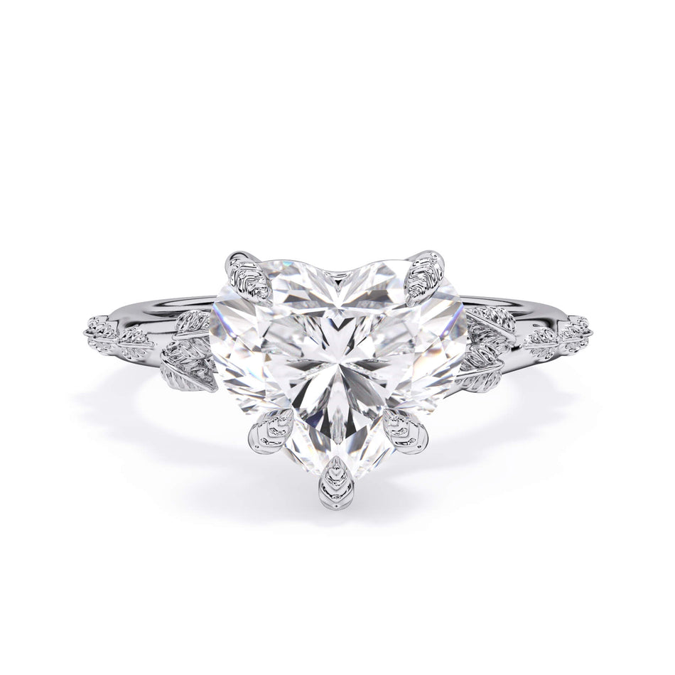 Organic Leaf Solitaire Engagement Ring (SKU: HE-516) Shown with Heart Shape Diamond in White Gold  - Front View