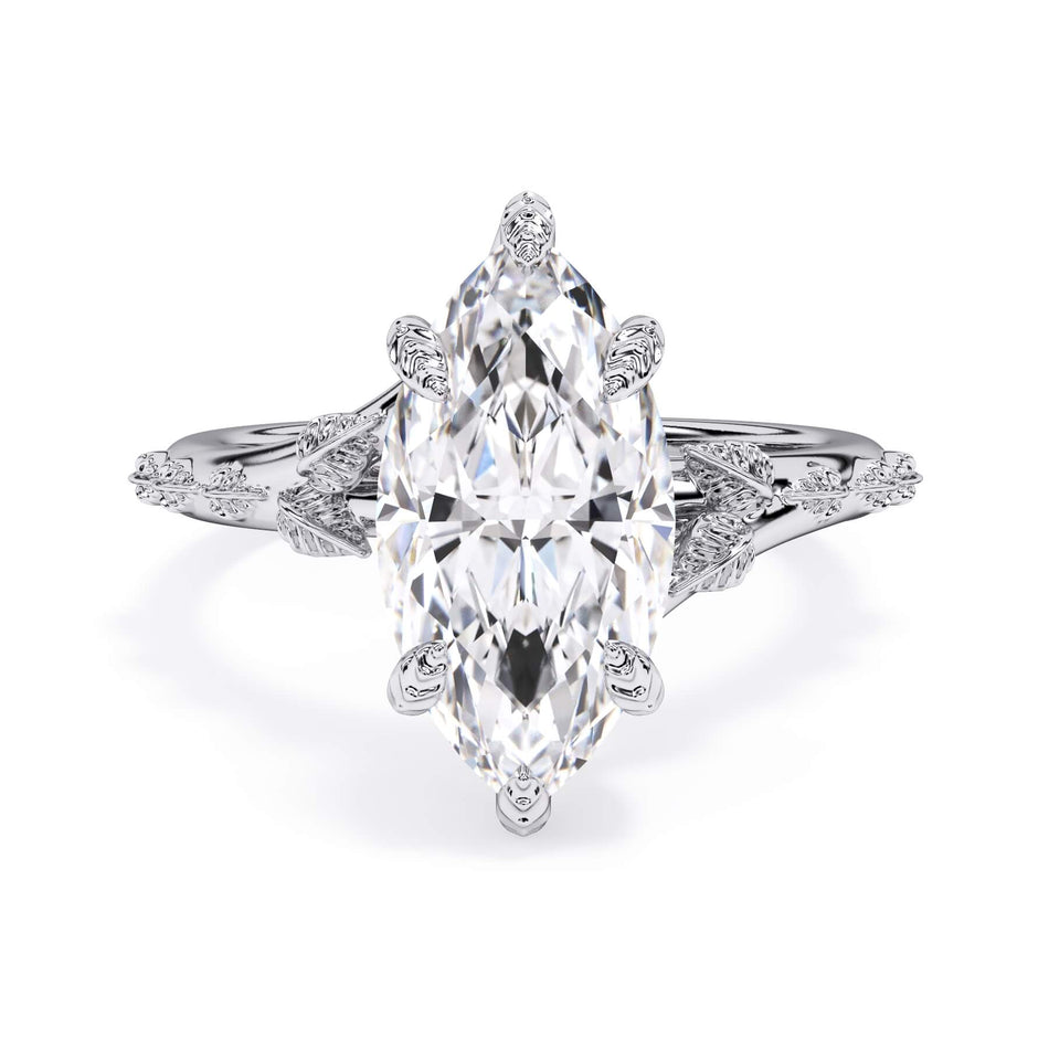 Organic Leaf Solitaire Engagement Ring (SKU: HE-516) Shown with Marquise Shape Diamond in White Gold  - Front View