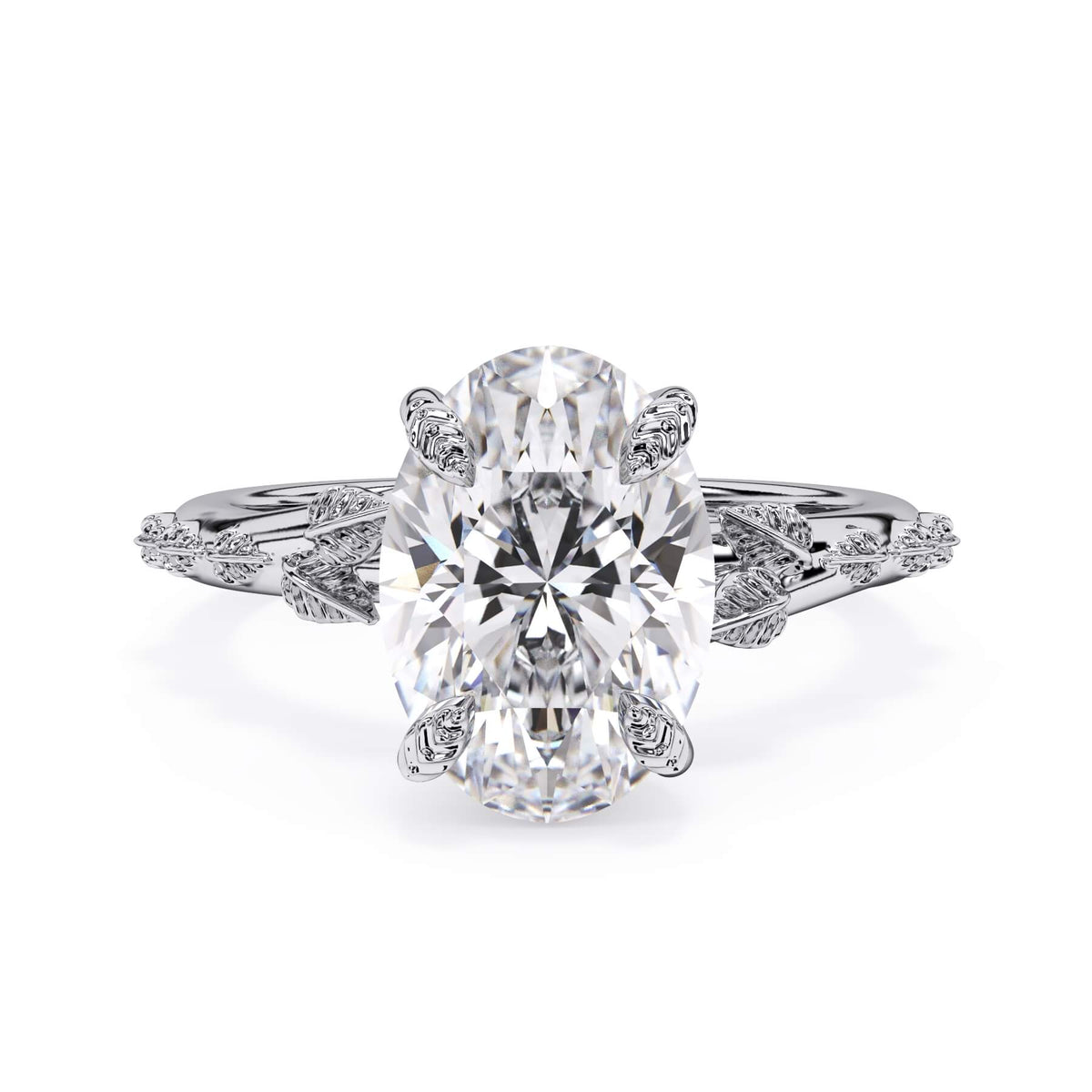 Organic Leaf Solitaire Engagement Ring (SKU: HE-516) Shown with Oval Shape Diamond in White Gold  - Front View