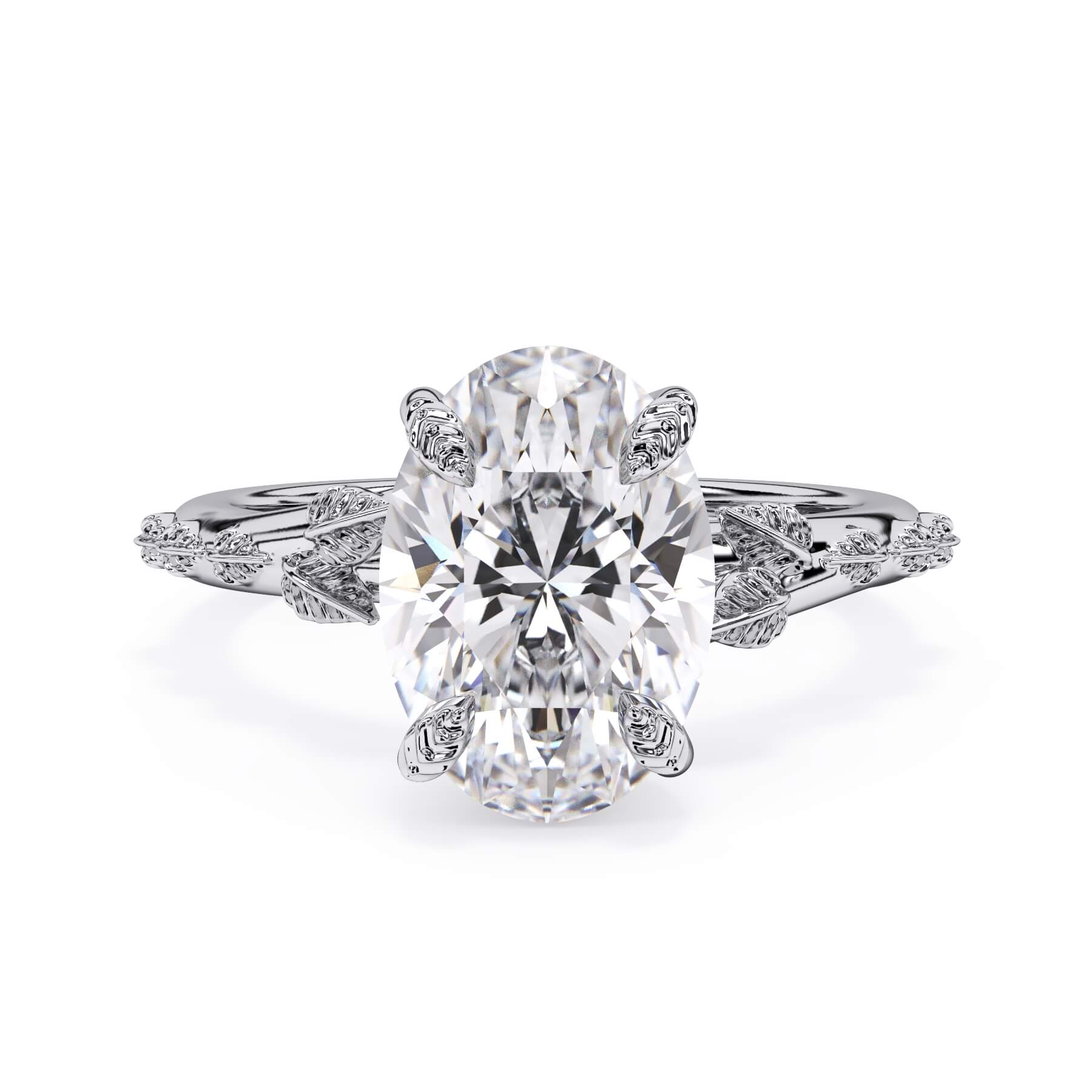 Organic Leaf Solitaire Engagement Ring (SKU: HE-516) Shown with Oval Shape Diamond in White Gold  - Front View