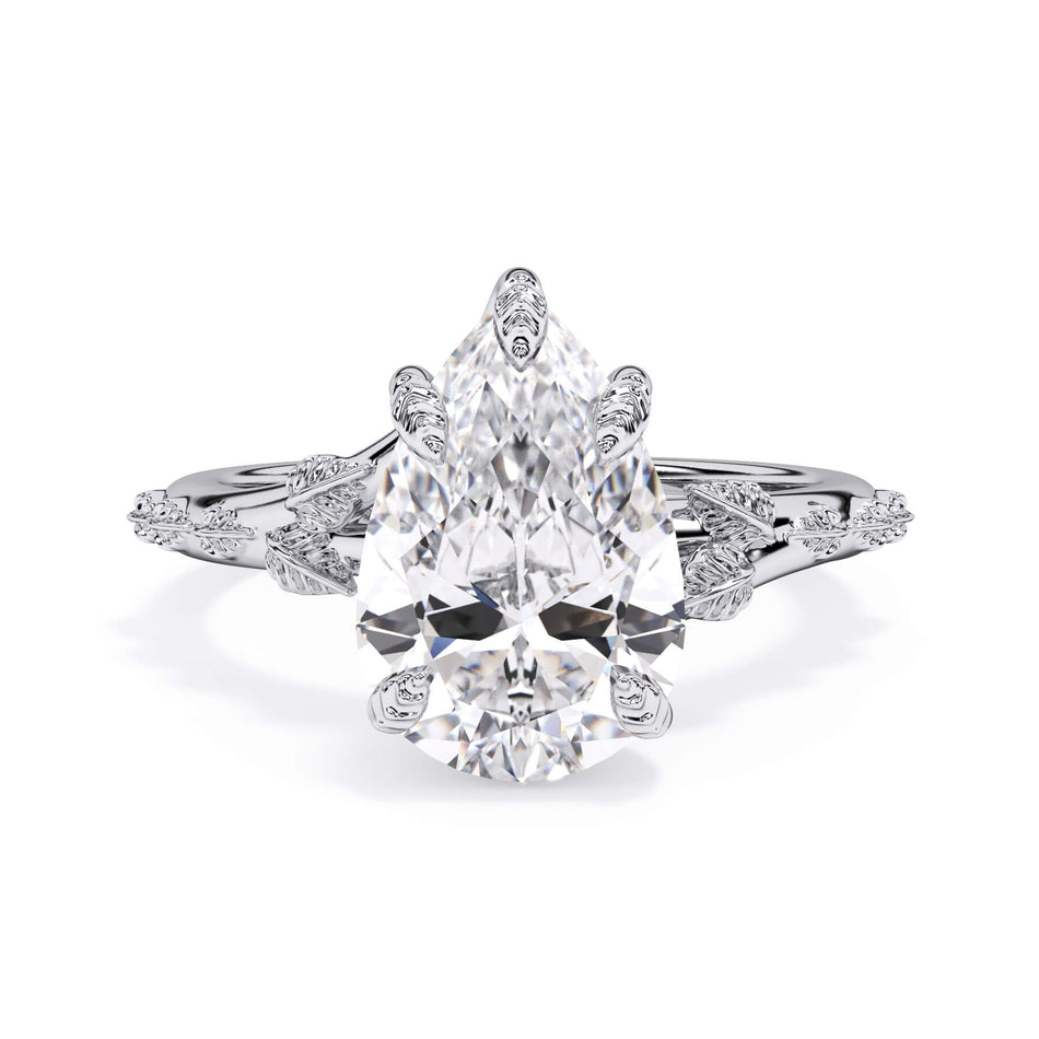 Organic Leaf Solitaire Engagement Ring (SKU: HE-516) Shown with Pear Shape Diamond in White Gold  - Front View