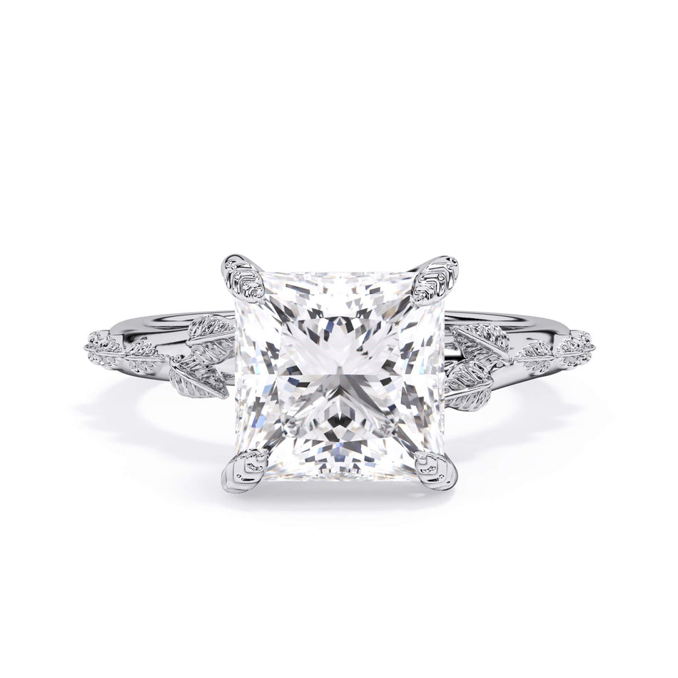 Organic Leaf Solitaire Engagement Ring (SKU: HE-516) Shown with Princess Shape Diamond in White Gold  - Front View
