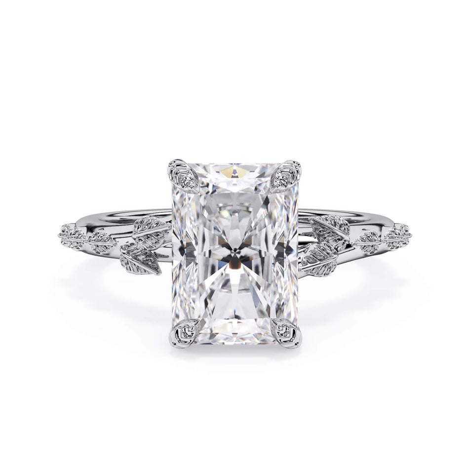 Organic Leaf Solitaire Engagement Ring (SKU: HE-516) Shown with Radiant Shape Diamond in White Gold  - Front View