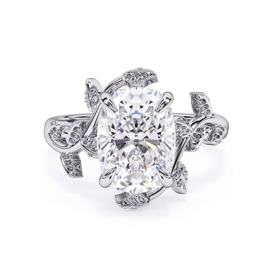 Twisted Vine Solitaire Engagement Ring (SKU: HE-524) Shown with Cushion Shape Diamond in White Gold  - Front View