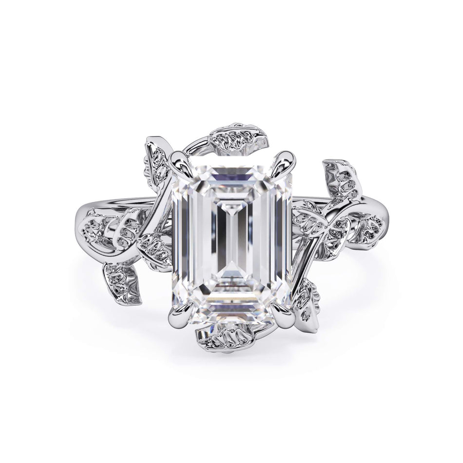 Twisted Vine Solitaire Engagement Ring (SKU: HE-524) Shown with Emerald Shape Diamond in White Gold  - Front View