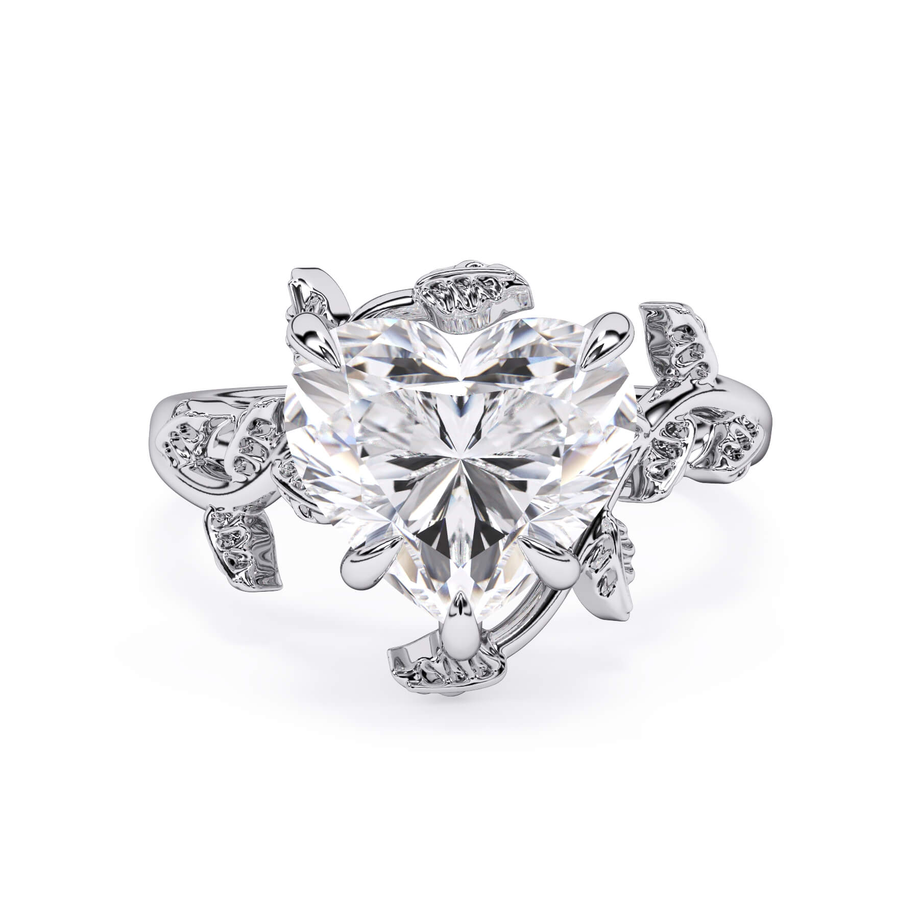 Twisted Vine Solitaire Engagement Ring (SKU: HE-524) Shown with Heart Shape Diamond in White Gold  - Front View