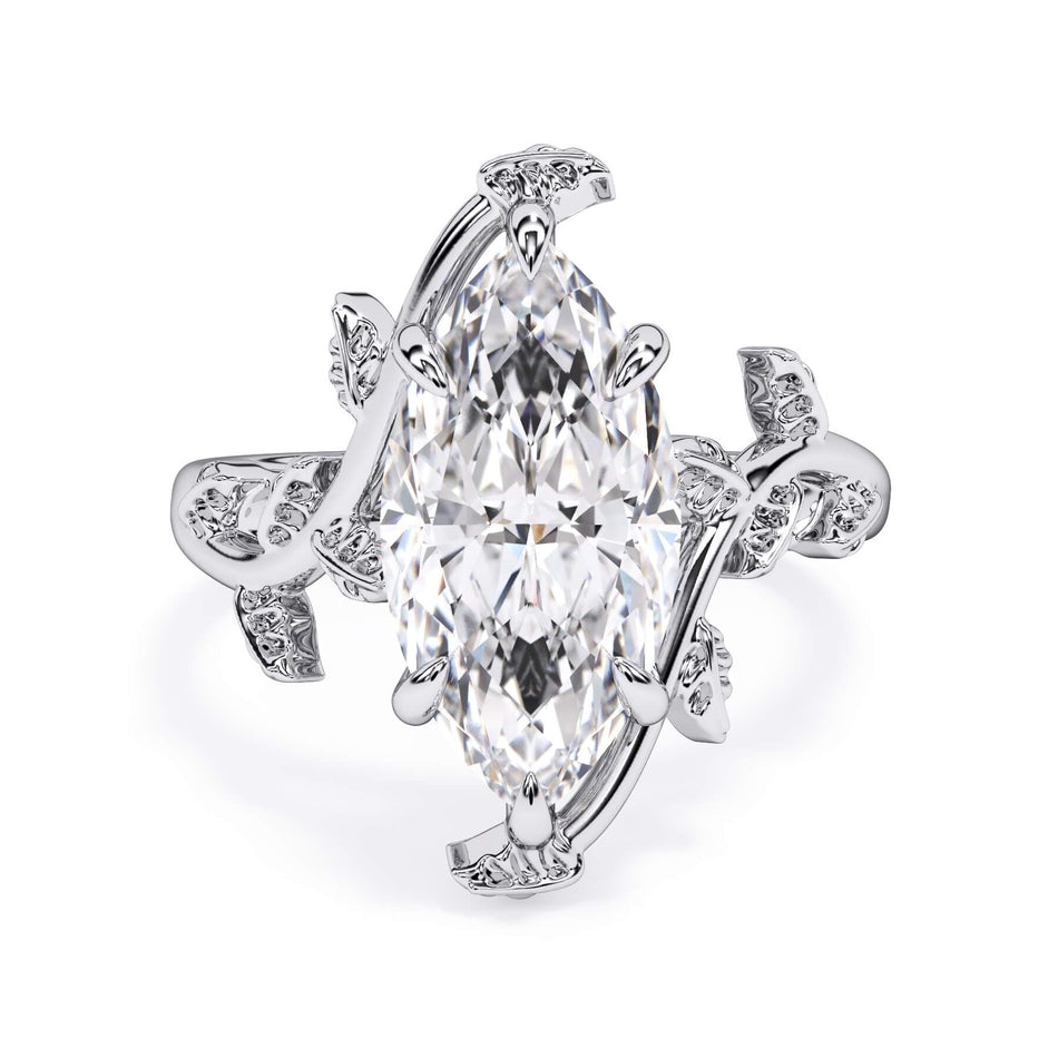 Twisted Vine Solitaire Engagement Ring (SKU: HE-524) Shown with Marquise Shape Diamond in White Gold  - Front View