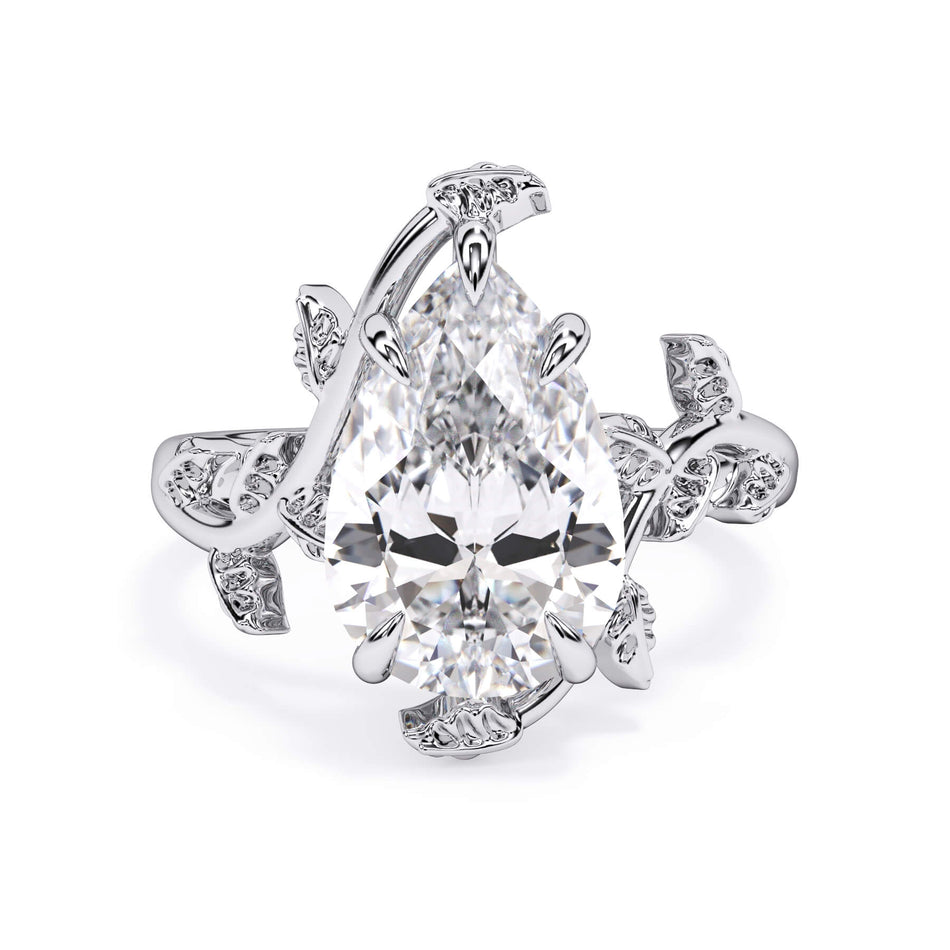 Twisted Vine Solitaire Engagement Ring (SKU: HE-524) Shown with Pear Shape Diamond in White Gold  - Front View