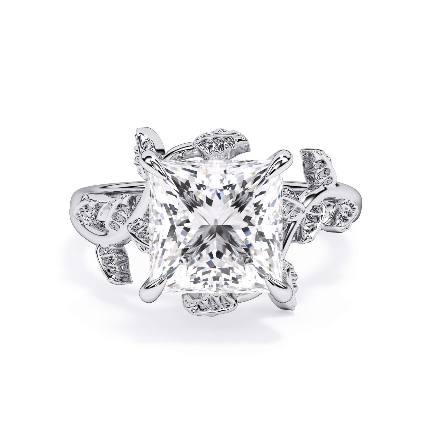 Twisted Vine Solitaire Engagement Ring (SKU: HE-524) Shown with Princess Shape Diamond in White Gold  - Front View