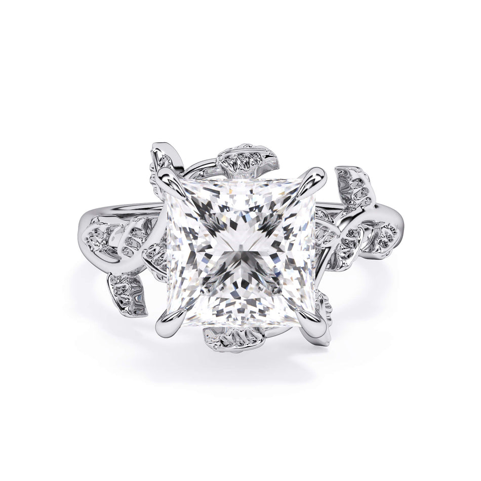 Twisted Vine Solitaire Engagement Ring (SKU: HE-524) Shown with Princess Shape Diamond in White Gold  - Front View