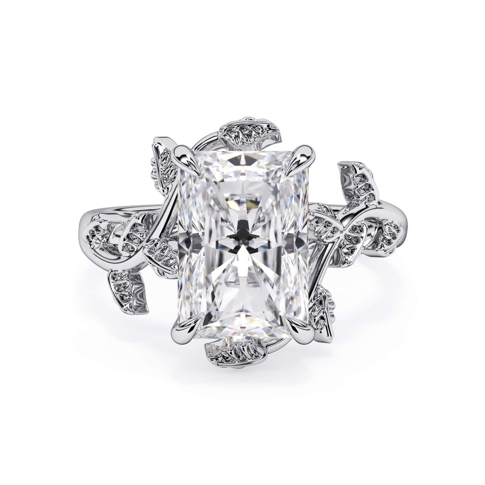 Twisted Vine Solitaire Engagement Ring (SKU: HE-524) Shown with Radiant Shape Diamond in White Gold  - Front View