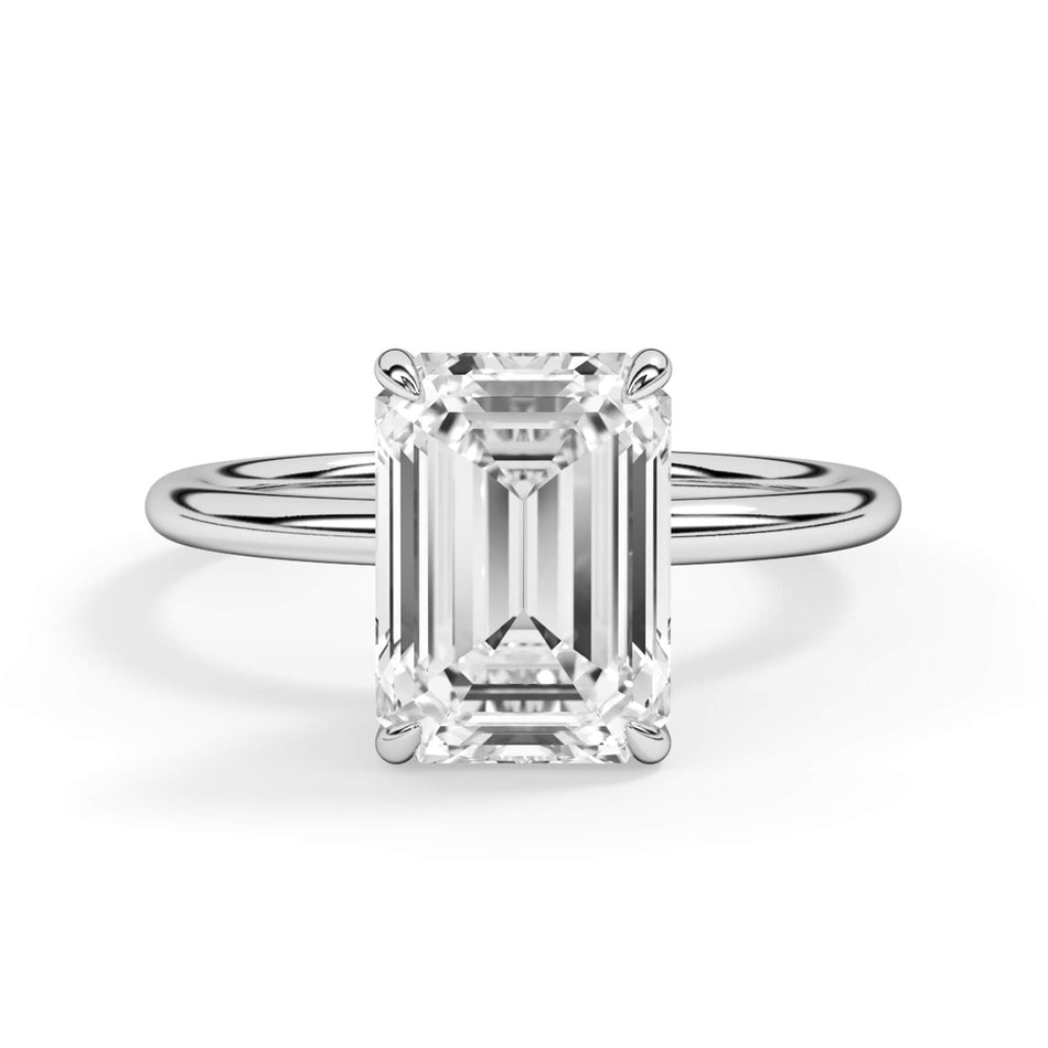 Diamond Petal Prong Engagement Ring Setting (SKU: HE64396) Shown with Emerald Shape Diamond in White Gold or Platinum - Front View