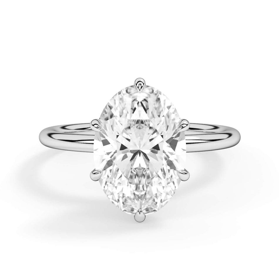 Diamond Petal Prong Engagement Ring Setting (SKU: HE64396) Shown with Oval Shape Diamond in White Gold or Platinum - Front View