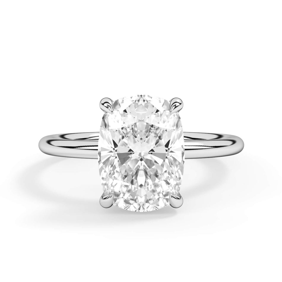 Basket Style Solitaire Engagement Ring - Yellow Gold Head (SKU: HE10946-Y) Shown with Cushion Shape Diamond in White Gold or Platinum in White Gold or Platinum - Front View