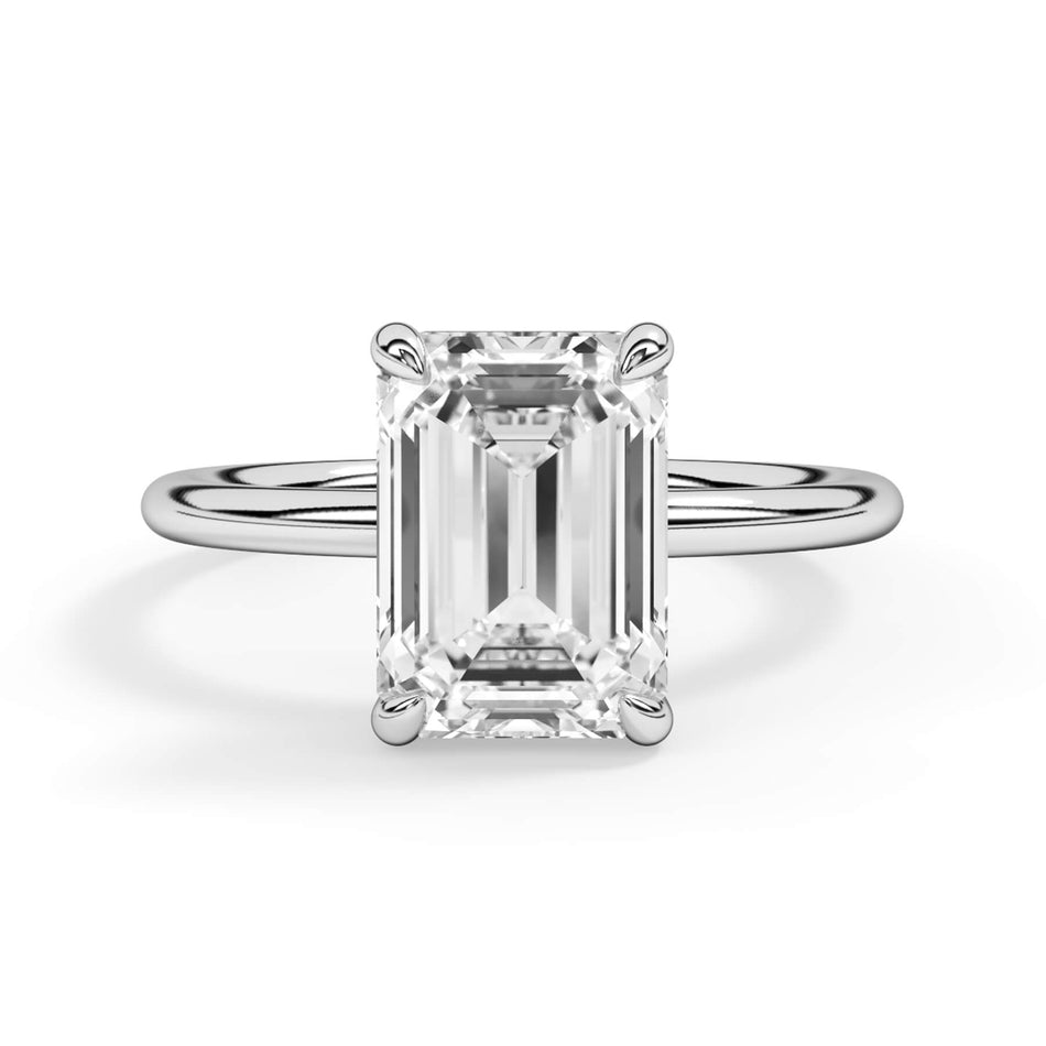 Basket Style Solitaire Engagement Ring - Yellow Gold Head (SKU: HE10946-Y) Shown with Emerald Shape Diamond in White Gold or Platinum in White Gold or Platinum - Front View