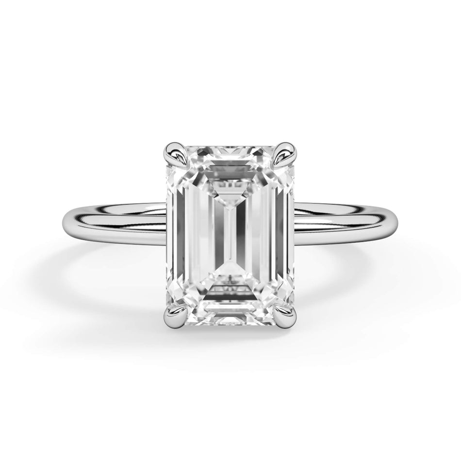 Basket Style Solitaire Engagement Ring (SKU: HE109461) Shown with Emerald Shape Diamond in White Gold or Platinum in White Gold or Platinum - Front View