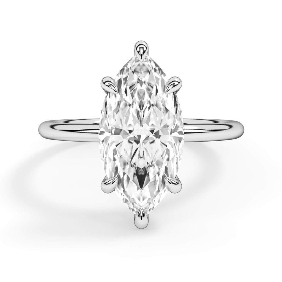 Basket Style Solitaire Engagement Ring - Yellow Gold Head (SKU: HE10946-Y) Shown with Marquise Shape Diamond in White Gold or Platinum in White Gold or Platinum - Front View