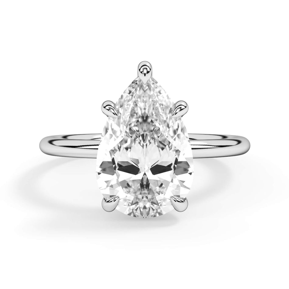 Basket Style Solitaire Engagement Ring - Yellow Gold Head (SKU: HE10946-Y) Shown with Pear Shape Diamond in White Gold or Platinum in White Gold or Platinum - Front View