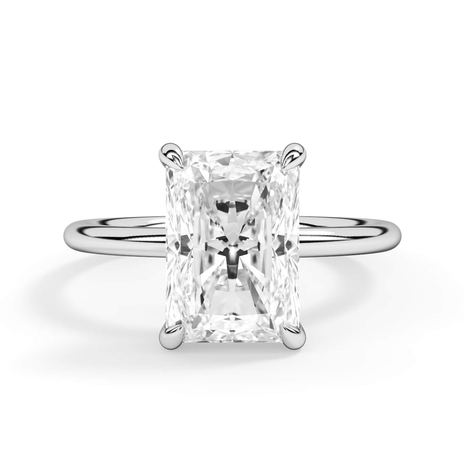 Basket Style Solitaire Engagement Ring - Yellow Gold Head (SKU: HE10946-Y) Shown with Radiant Shape Diamond in White Gold or Platinum in White Gold or Platinum - Front View