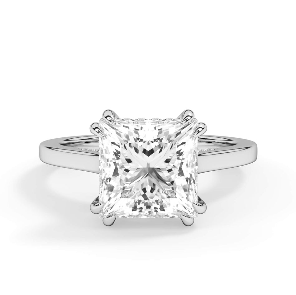 Double Prong Diamond Accented Bridge and Under Halo Engagement Ring (SKU: HE99901) Shown with Princess Shape Diamond in White Gold or Platinum - Front View