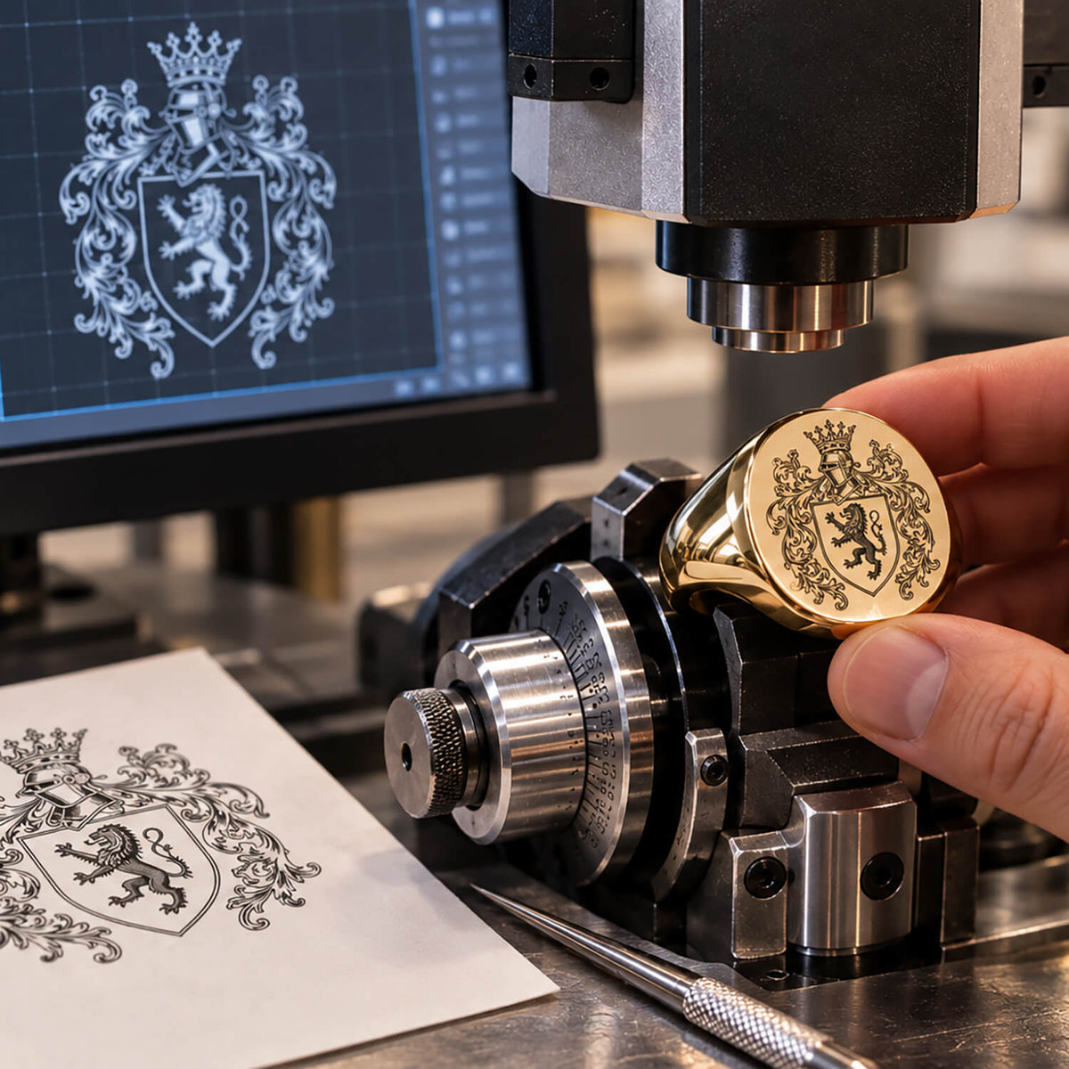 A close-up of a gold ring with an engraved heraldic lion crest being held in a metal clamp, with a computer screen showing the design and a printed template on a workbench in the background.