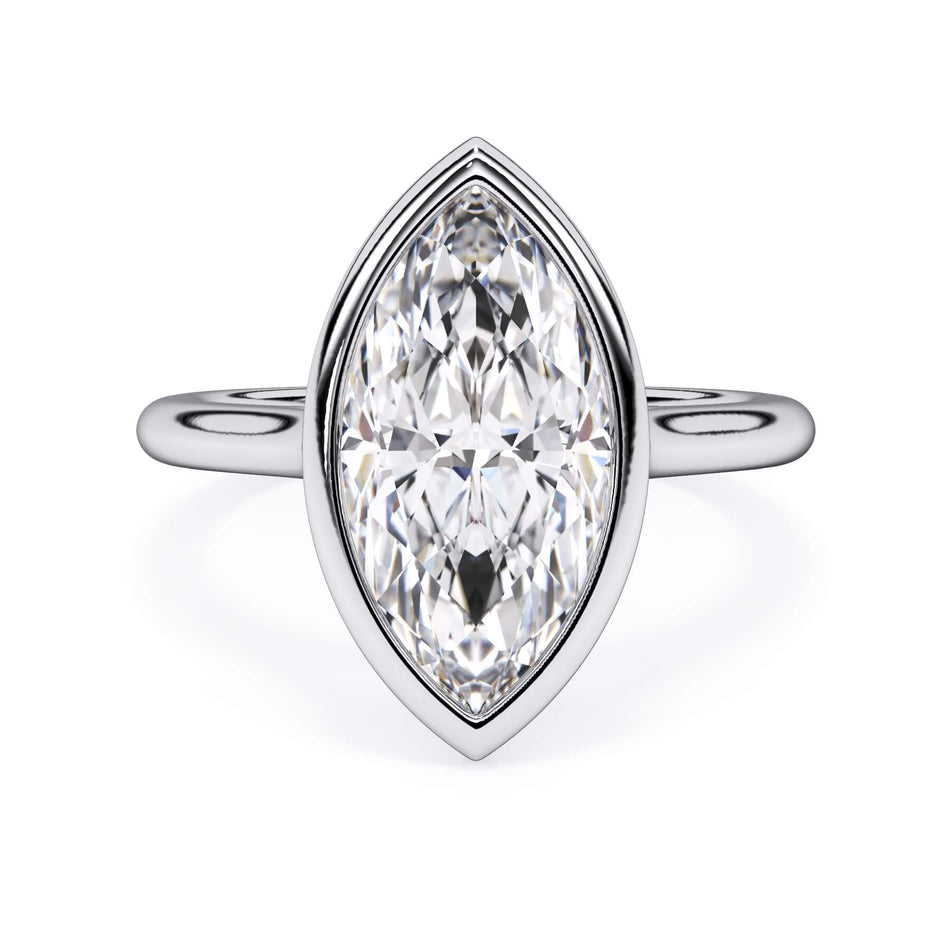 Bezel Solitaire Engagement Ring (SKU: SE-12) Shown with Marquise Shape Diamond in White Gold or Platinum - Front View