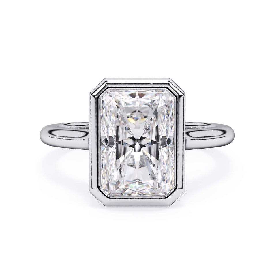 Bezel Solitaire Engagement Ring (SKU: SE-12) Shown with Radiant Shape Diamond in White Gold or Platinum - Front View