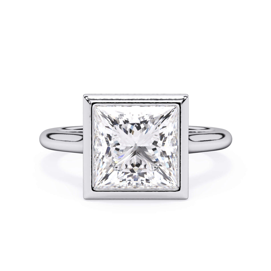 Bezel Solitaire Engagement Ring (SKU: SE-12) Shown with Princess Shape Diamond in White Gold or Platinum - Front View