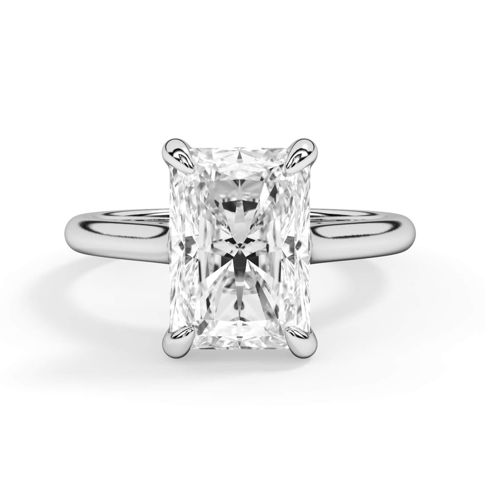 Four Prong Solitaire Engagement Ring Setting (SKU: SE-124171)-A Shown with Radiant Shape Diamond in White Gold or Platinum - Front View